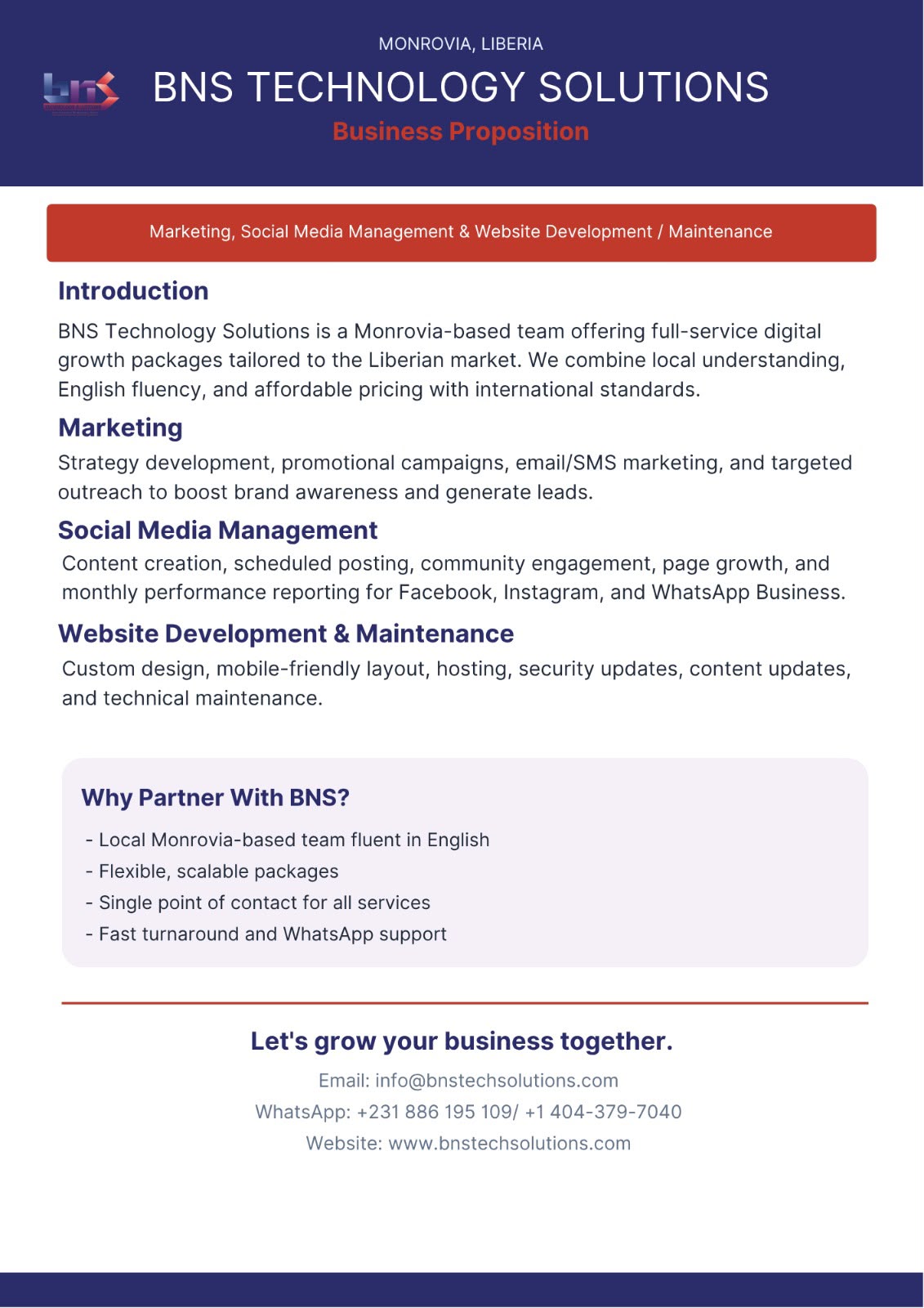 First page of the BNS Technology Solutions business proposition